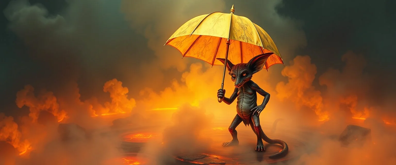 smite by god was alice from wonderland and the evil fox gremlin man holding a golden umbrella in a pool of smoke and lava in the style of Escher and Giger.