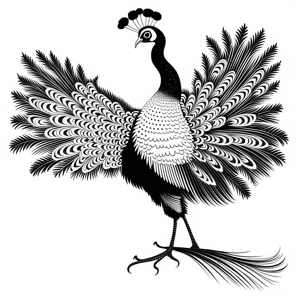 white, A peacock in flight, emphasizing its wingspan.., vector, white background, outline, with images neatly contained within the background, just black and white color, full body, no color. Front view.