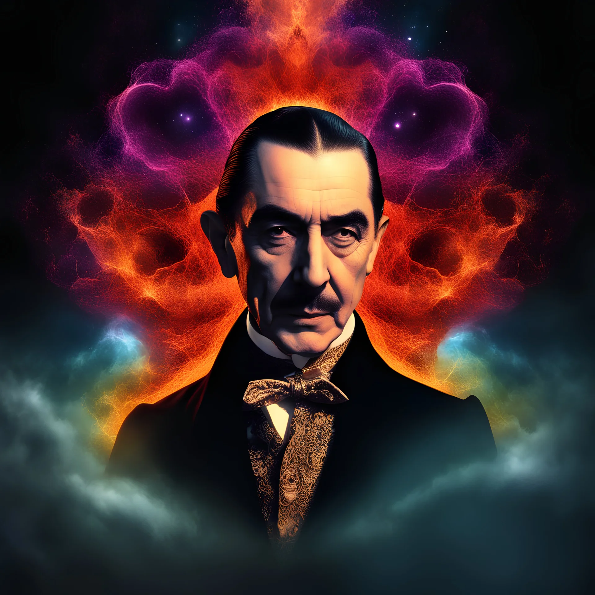 Bela Lugosi as Count Dracula, 3D hearts and Stars and Bubbles, heart-shaped, electrifying, Gods and Monsters, close-up, portrait, double exposure shadow of the ghost, Invisible, poignant, extremely colorful, Dimensional rifts, multicolored lightning, outer space, planets, stars, galaxies, fire, explosions, smoke, volcanic lava, Bubbles, craggy mountain peaks the flash in the background, 32k UHD, 1080p, 1200ppi, 2000dpi, digital photograph, heterosexual love, speedforce