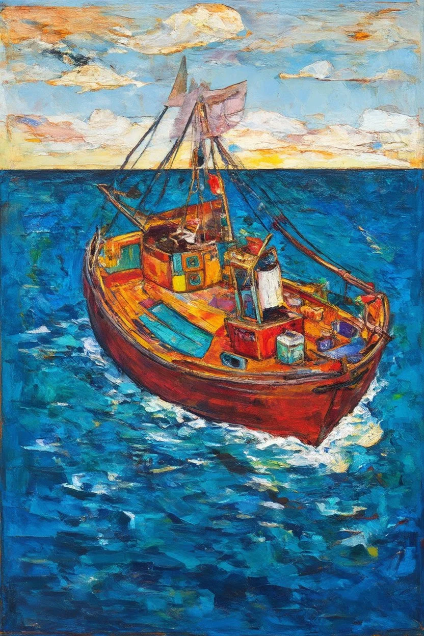 on the boat , in the style of Eileen Agar