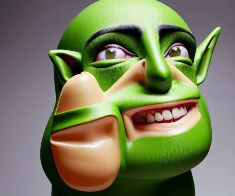 a goblin with big nose, green skin, wearing large dental equipment on head, art