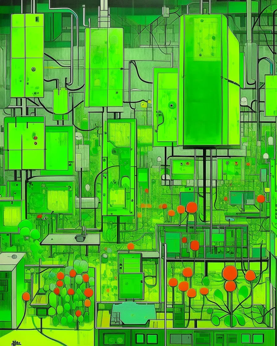 A lime green factory plant with virus infected computers painted by Paul Klee