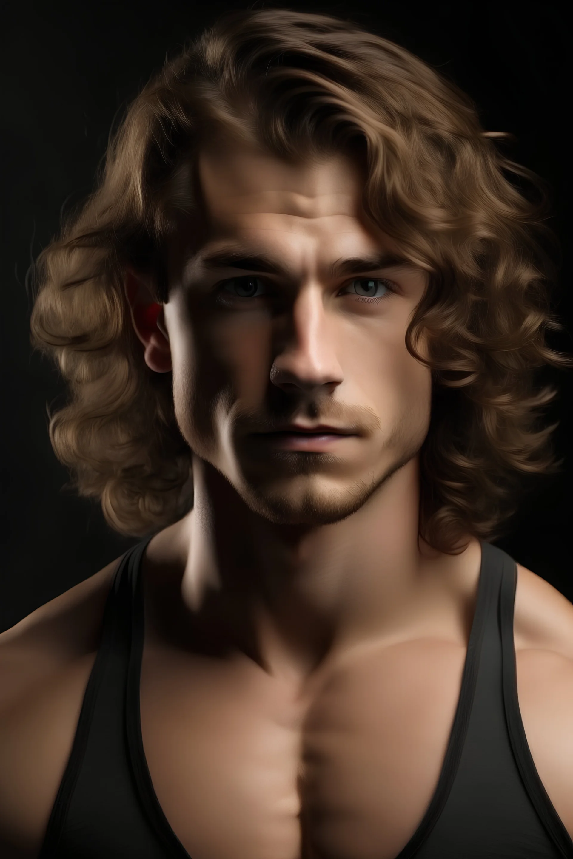 A very buff young adult with wavy hair, upper body shot