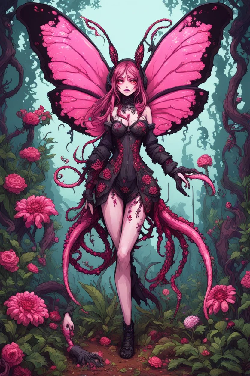 8bits, pixel art, butterfly, highly detailed, pink, rabbit, blood, scythe, goth woman, leaning pose, full body, squid, intricate detail , plants, wildflower, nest, octopus, fly,Demon girl, creepy, horrifying, sinister, sparks out her mind, rare pose, sparks around,enchanted girl with cyberkatana,darkred slime Goth girl,