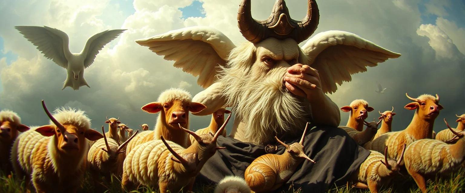 angry god in heaven suffering through a pinhole cam picture of heavenly fluffy elevated messed up woodland elongated slimy cow snail story teller and ad & d monster creatures flock painted by Nerdrum and Rembrandt