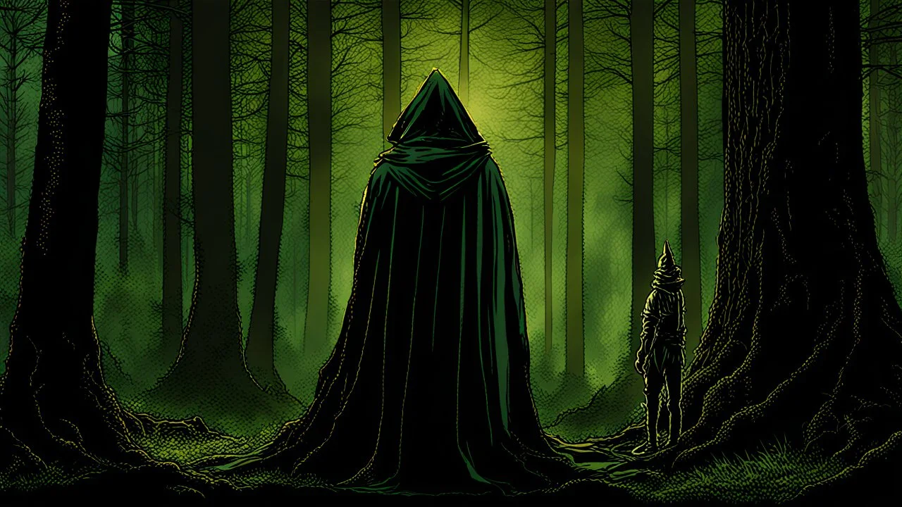 The hooded sorcerer and the king in the forest