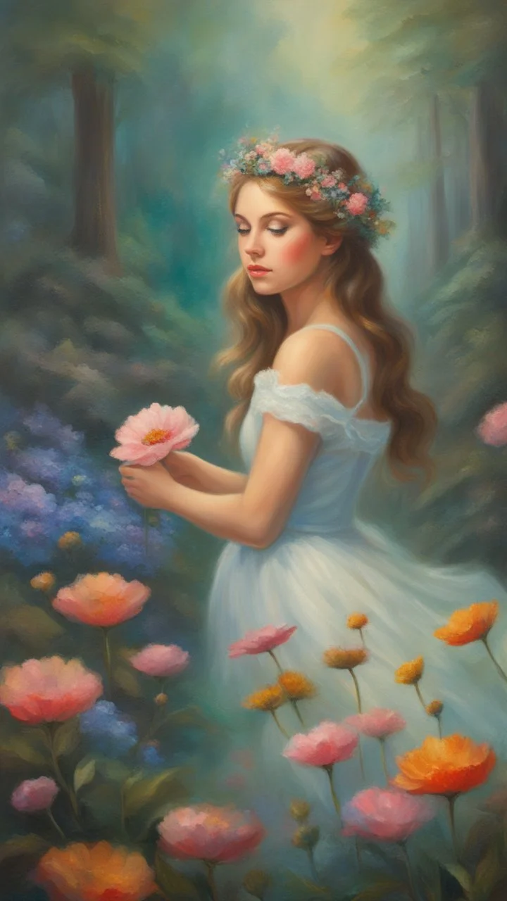 Oil painting of a beautiful girl, fantasy, dream, forest, glitter background, beautiful, oil painting, fantasy art, fairy, young girl, beautiful portrait painting, flowers, colorful, inspired by Thomas Kinkade, fine art, 8k