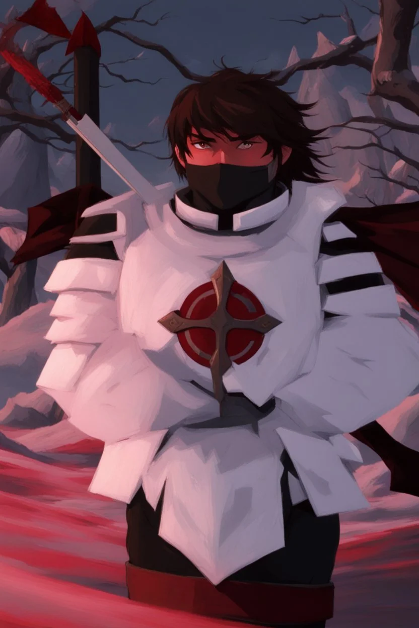 The character, in a striking white armour against a wintry backdrop stands with his hands behind his back inside the scene, he has a red and black circular symbol on his chest like a shield, a black pointed spear with a red handle on his back, His eyes are showing a dynamic expression and he wears a black oni mask with white teeth on it covering the bottom part of his mouth he has brown shoulder pads and a white belt with a bag attached to it. He has dark brown hair, he does not wear a helmet.