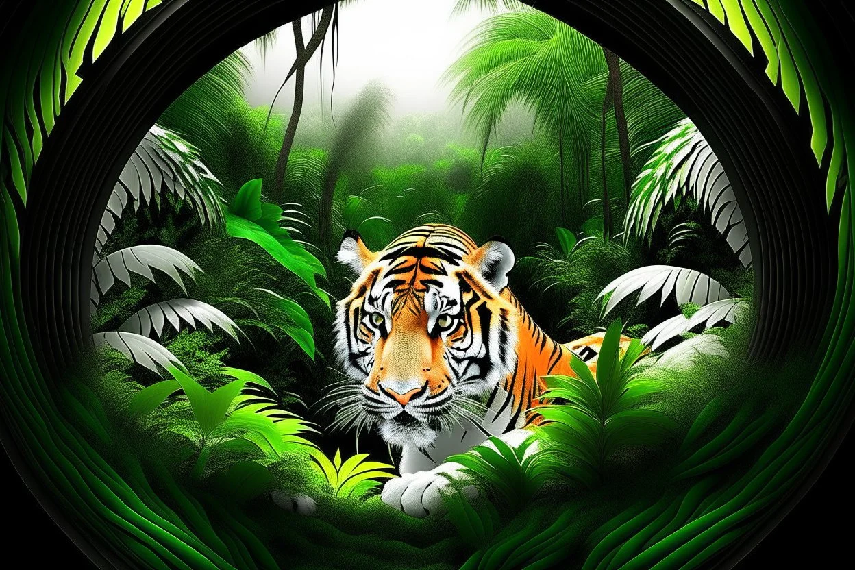 white,background,looking,through,a 3-d, hole,or,window,,and seeing tiger in tropical jungle