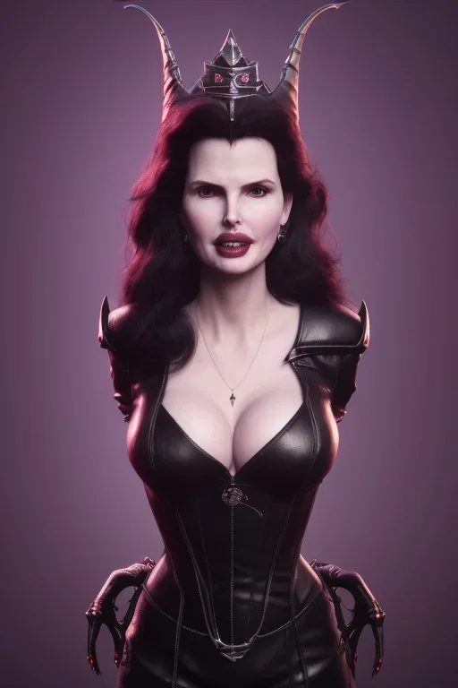 Geena Davis as evil queen in black leather, leather, busty, cleavage, angry, rage, stern look. character design by cory loftis, fenghua zhong, ryohei hase, ismail inceoglu and ruan jia. unreal engine 5, artistic lighting, highly detailed, photorealistic, fantasy