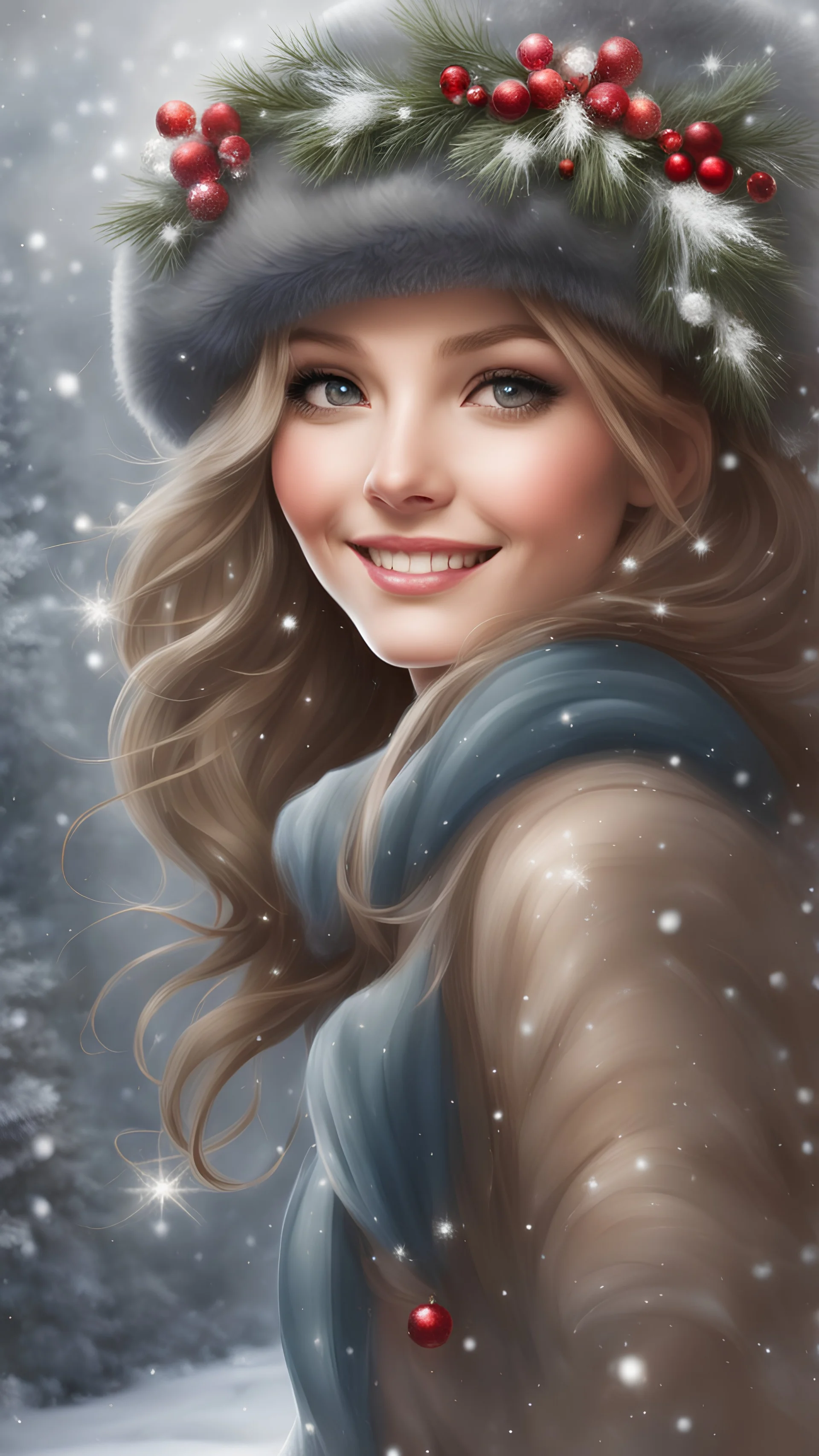 In a winter wonderland adorned with sparkling snowflakes, there stands a beautiful Christmas girl, radiating joy and warmth with a smile that lights up the whole season.