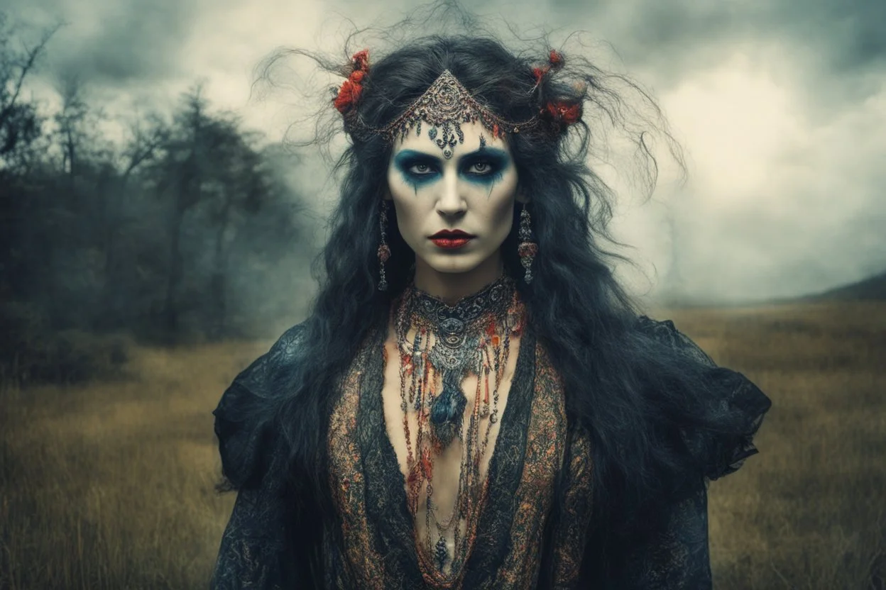 Conceptual surreal and otherworldly, full body portrait photograph of a traditionally dressed Romanian Gypsy Vampire Sorceress , with highly detailed hair and facial features in the photographic style of Jerry Uelsmann, sharply focused, cross processed color image using color slide film with C-41 color negative chemicals, with fine ink overlays, 8k, cinematic horror atmosphere