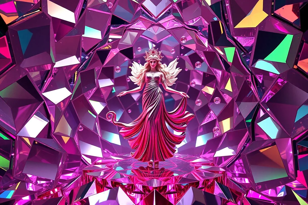 very complex structure ,pretty viberating color environment 3d metalic and crystal recursive animating beveled geometric base very complex structure emiting mirror bubbles that broke, goddess of love in a pretty cleric dress comes out dancing gracefully , viberating color moving very in modern city escape environment while camera tracking it.