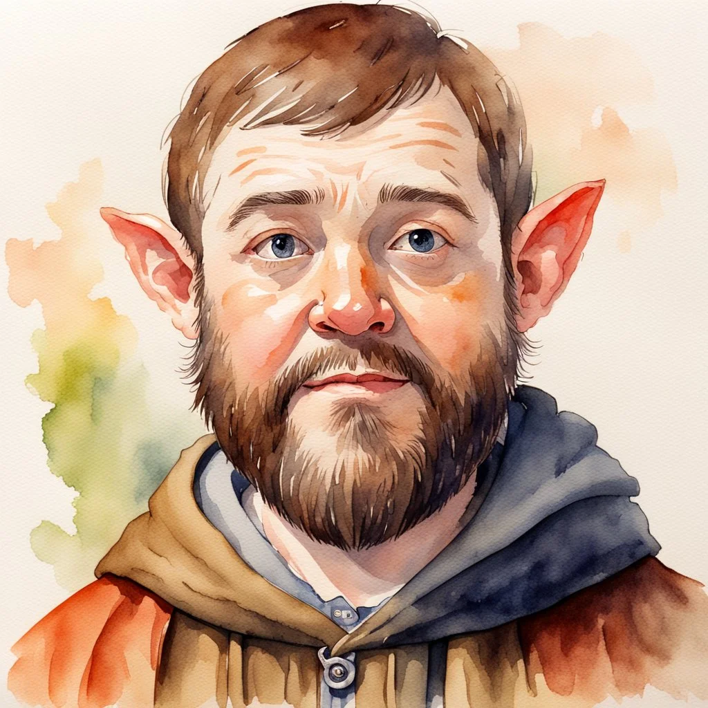 watercolour, illustration, portrait, halfling, friar, beard