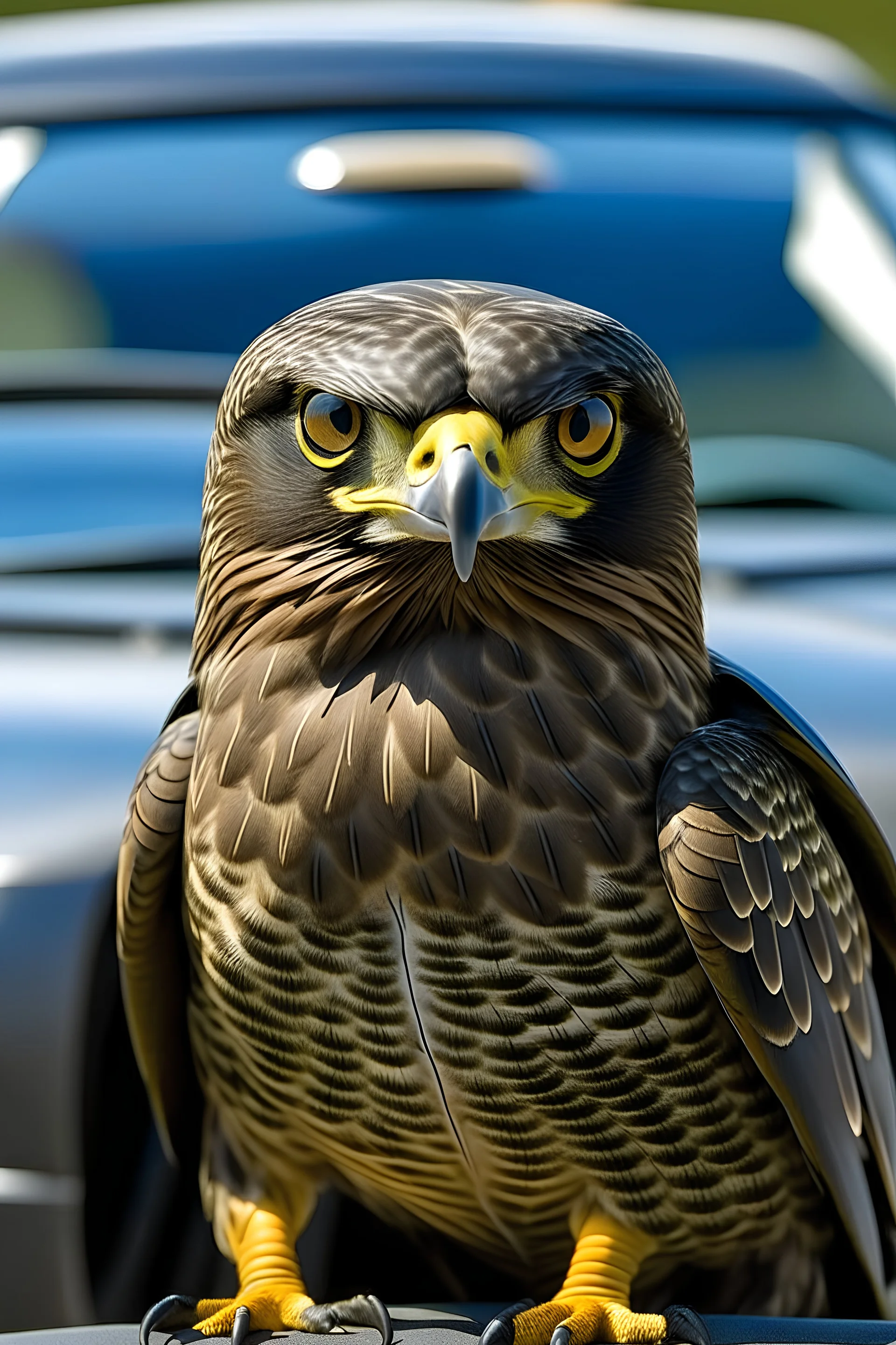 a falcon as part of the hood of a car. the falcon is becoming alive while still be part of the car