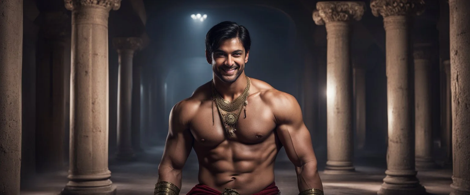 Hyper Realistic shirtless muscular handsome short black hair Indian King smiling & holding sword in a huge dark haunted hallway with traditional pillars at night