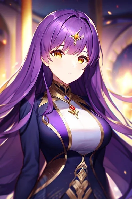 girl, masterpiece, best quality, cinematic lighting, detailed outfit, perfect eyes, long hair, purple hair, vibrant golden eyes,