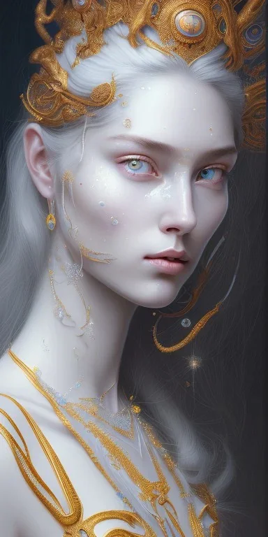 ultradetailed beautiful portrait painting of love Aphordite with short flowing grey-white hair and sharp piercing gaze of blue eyes, alluring beauty, wearing jewels, roses, ultra ornate, gold leaf deatils, wearing white smooth dress, by conrad roset, greg rutkowski and artgerm, trending on artstation