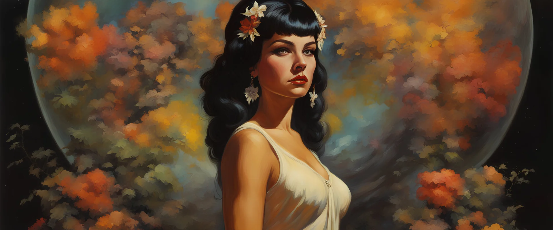 beautiful girl ,mugshot, Planet of the Vulcans, multicolored, large, floral designs, atmospheric, beautiful, oil painting by Frank Frazetta, 4k UHD, Photorealistic, professional quality