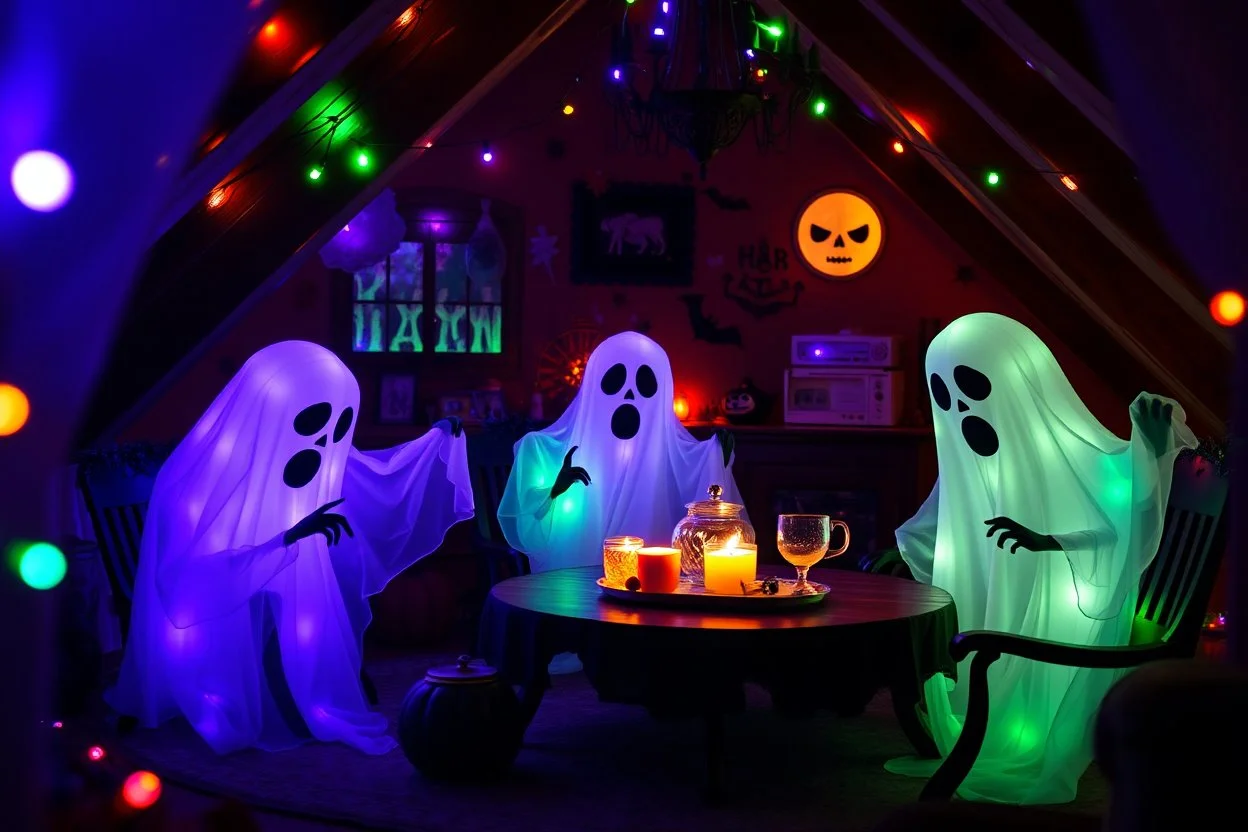 Glowing Halloween ghosts having a tea party in the haunted house attic. Colorful string lights and festive decorations create a spooky magical atmosphere