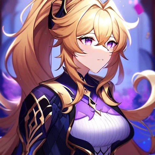 Clear focus, 8k, beautiful lighting, vibrant colors, girl, golden hair, long hair, vibrant purple eyes, ponytail, messy hair, hair in between the eyes, Honkai Impact 3 outfit,