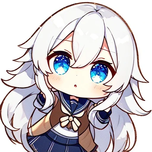 Clear focus, High resolution, long white hair, hair between eyes, straight long locks, sparkling blue eyes, wearing a sailor uniform, wearing a sailor skirt, wearing a brown vest, cute, 1girl, fluffy hair, cute, chibi, cartoon, rough line art, white background