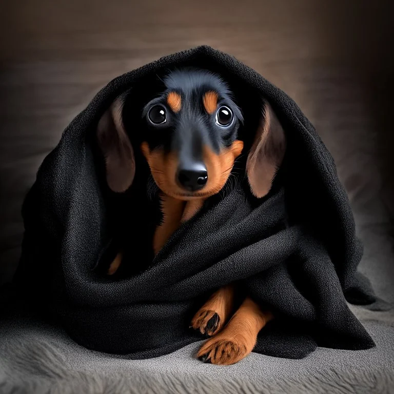 Disney style picture of a black and tan short hair dachshund puppy of 7 months. wrapped up in a blanket