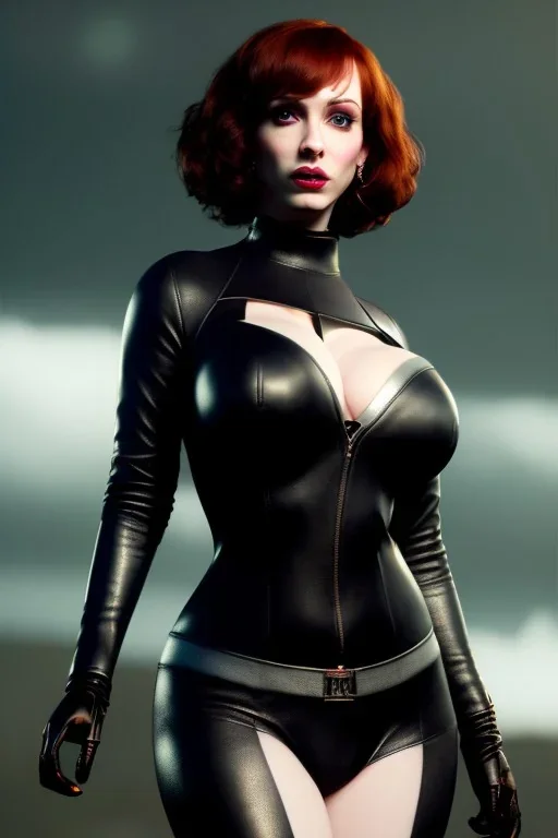 Christina Hendricks dressed in black leather, frank miller sin city, busty, cleavage, volumetric lighting, particales,highly detailed,cinematic, deep colours,8