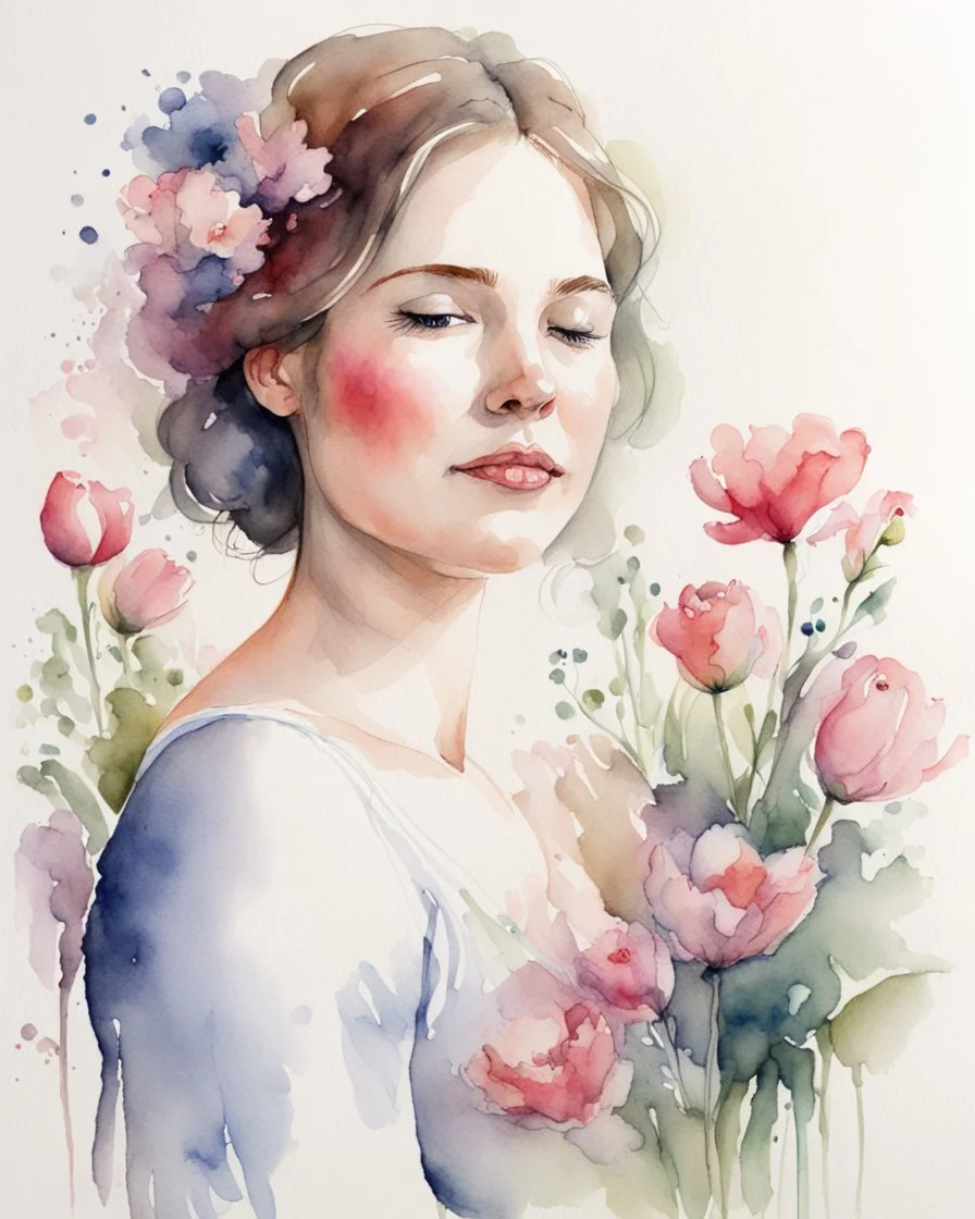 portrait, watercolor, fine drawing, Pregnancy, flowers,