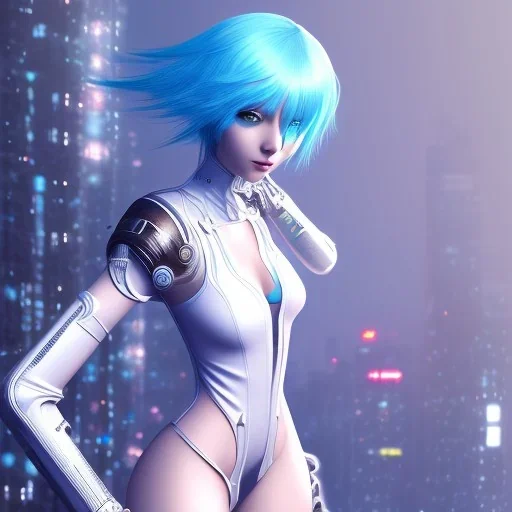 beautiful cyberpunk anime girl blue hair, height, on top of tall building, 4K, 8K, detailed, body suit