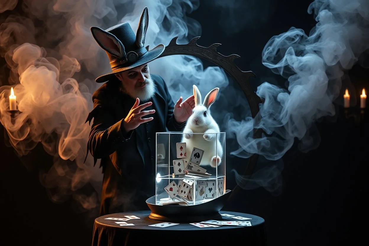 ai magic show presentation wow effect smoke bunnies awesome awesome yoga magician with scary hat on awake within a dream inside a circular saw blade Alice in wonderland and cards and bunny inside a big transparent dice