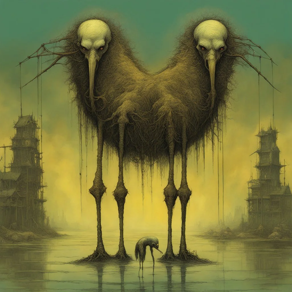 Hairy zombie crane monstrosity designed by Zdzislaw Beksinski and Hieronymus Bosch, kinetic expansive ultra intricate detail horror art, by Jeremy Mann, by George Herriman, liquid ink illustration, dark foreboding colors, brown - dull yellow - dark cyan - tricolor, asymmetry hypersurrealism.