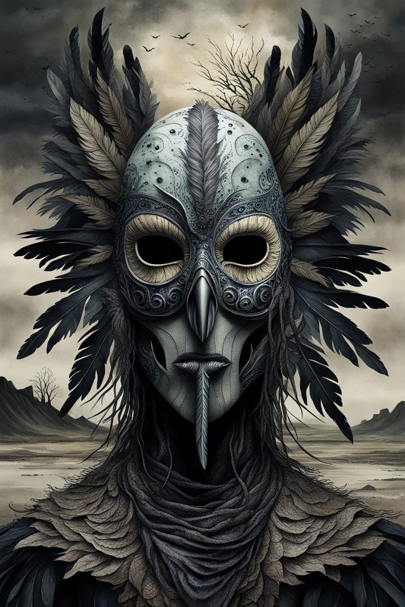 An surreal stunning image of a crepy ritualistic Feathered face Mask mutant witd dark eyes, pale skin, on creature, with dark muted tones, a grim and weird atmosphere, textured impasto-like effect with ink, intricate details, surreal vibe, expressive focusing, muted tones, gradients, thriller and utopistic mood, in background barren landscape, ruins, dark shadows