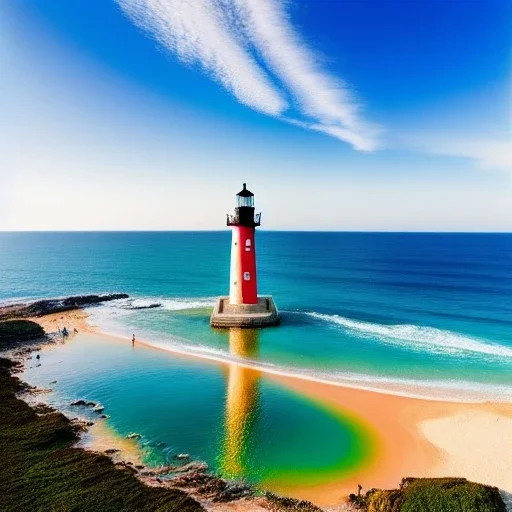 fullbody Drawing of 'beutiful beach, clouds, lighthouse,sunny day',intricate detail,andrea bonelli,Kilian Eng,Ohrai,evan lee,Aleksandr Sidelnikov,KyuYong Eom,three quarters frontal aerial view,toned colors,16k