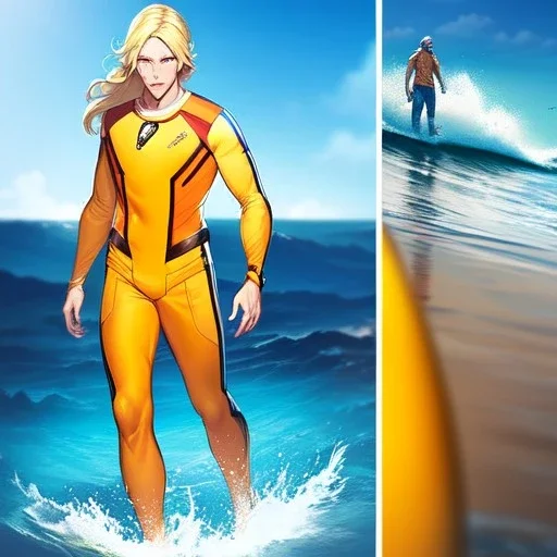 anime surfer boy wearing orange wetsuit, anime with realistic body feature details, high waves, full length cinematic view, blonde hair, waves in the ocean