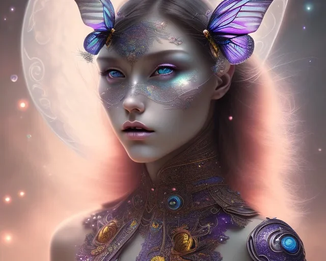 Beautiful mystical butterfly portrait, dark fantasy, romanticism, acrylic paint, chinese painting, magazine, highly detailed, ethereal, otherworldly, backlighting, rays of shimmering light, persian empire, artstation, silver, purple, black, teal, aqua, yellow, olive, vibrant, intricate,