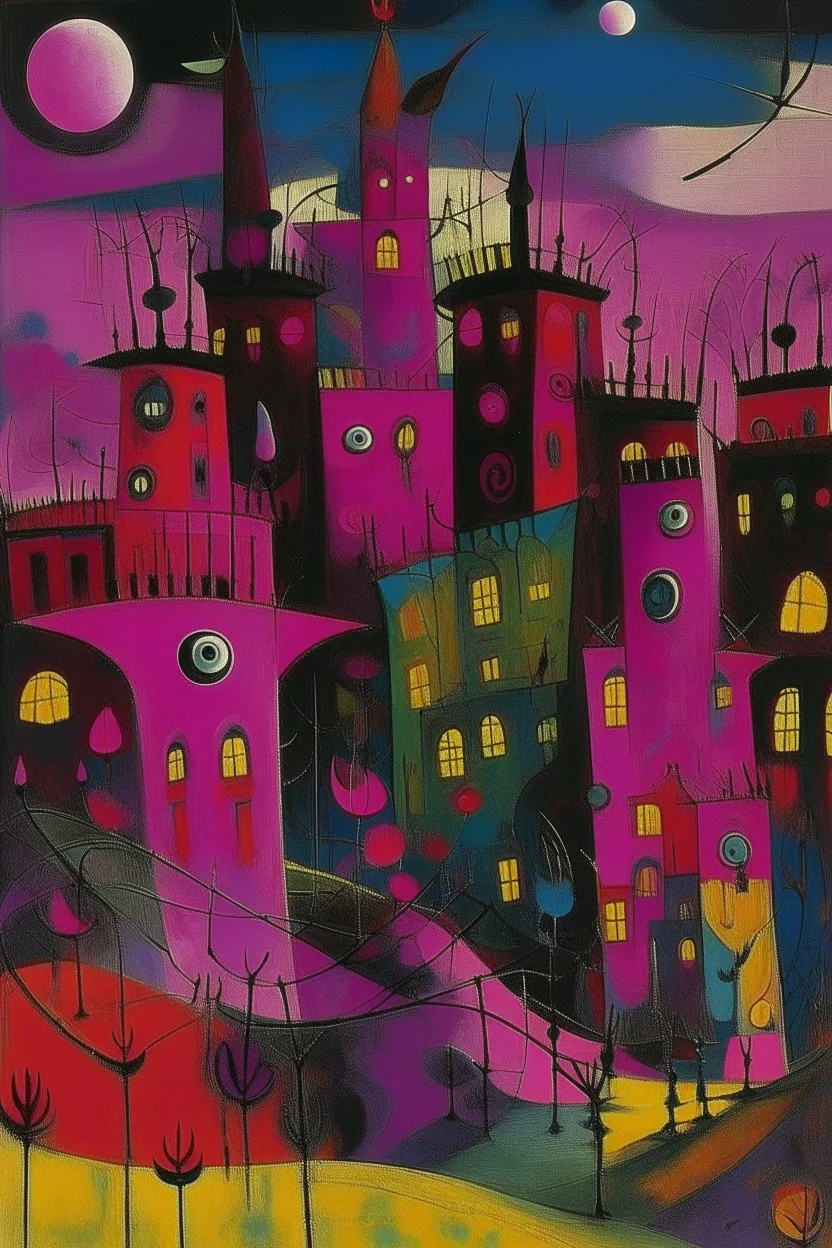 A purplish magenta haunted penitentiary with bats painted by Wassily Kandinsky