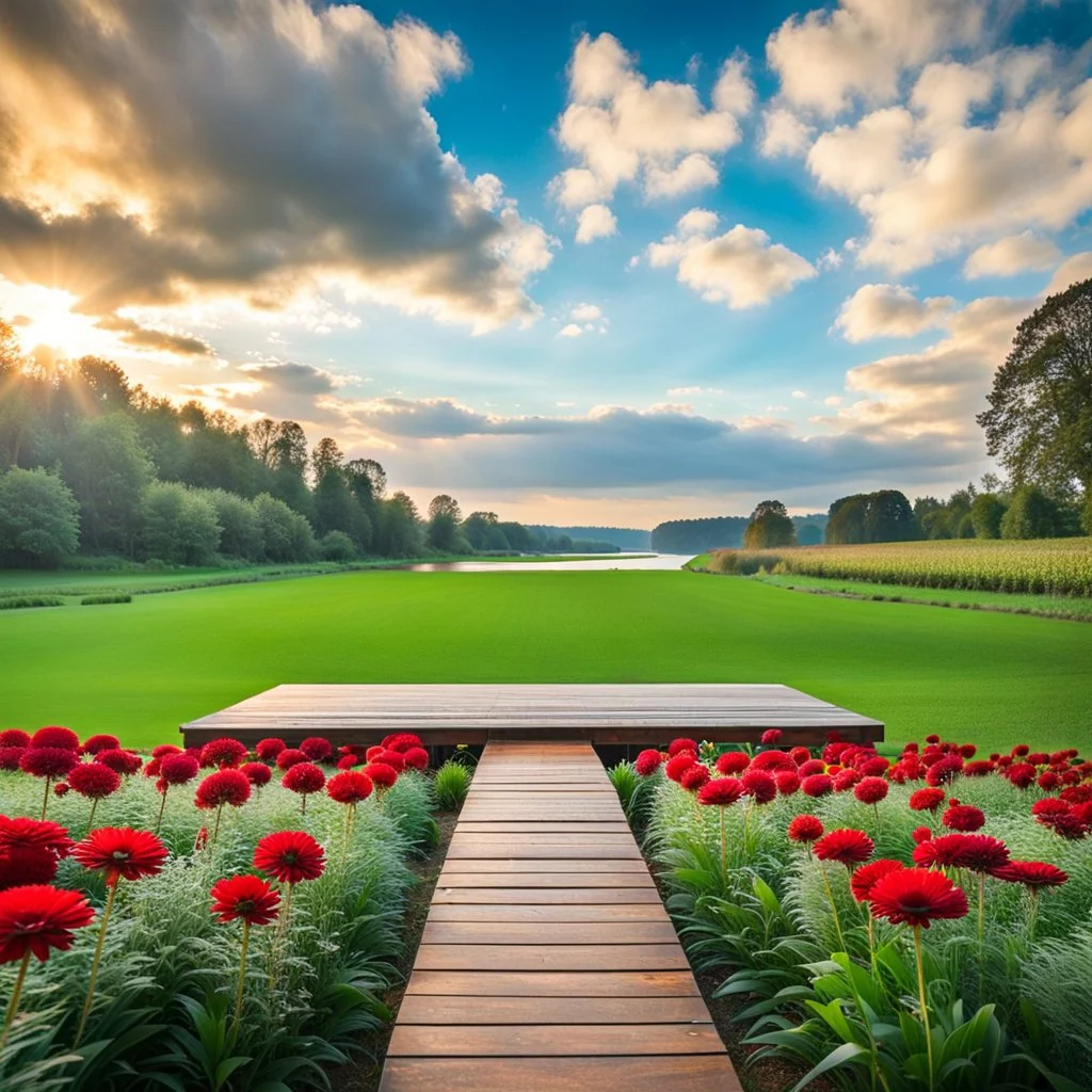 a dance platform with decor mane in country side in center of picture ,green field ,flowers , small river,blue sky pretty clouds ,camera looking at horison