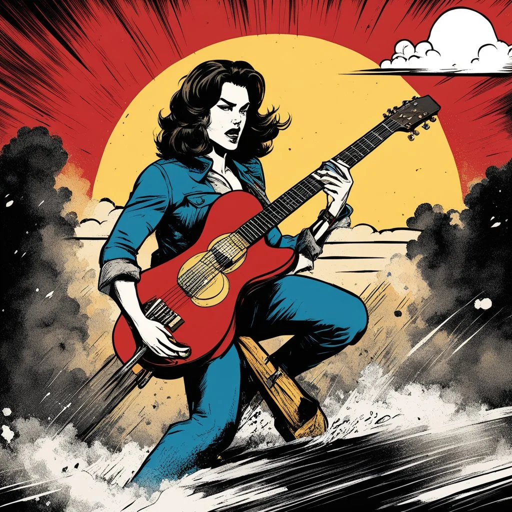 (in the style of grindhouse comic illustration) the guitare rebounds