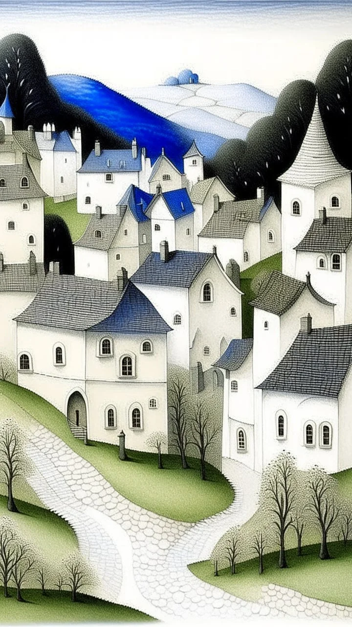 A white simple village with eyes painted by the Limbourg brothers