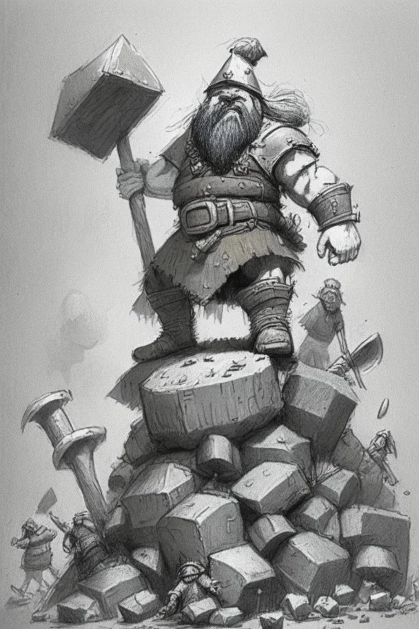 A fantasy sketch of a dwarf with a hammer and shield standing on top of a pile of bodies