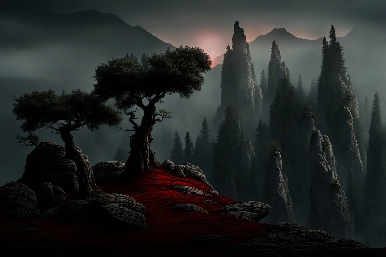 mountains, a gloomy rocky landscape, cypresses stretching up in the foreground, rocks and a bloody sky in the background