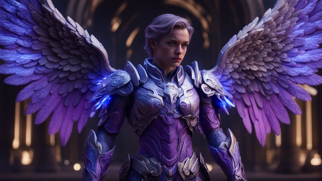 a photo of 8k ultra realistic archangel with 6 wings, full body, intricate purple and blue neon armor, ornate, cinematic lighting, trending on artstation, 4k, hyperrealistic, focused, high details, unreal engine cinematic