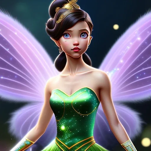 Tinker Bell fairy,detailed eyes, disturbed expression.intricate detaile,thnically accurate face, intricate head dress,intricate fairy dress, detailed hair, detailed feathers,fairy wings use dynamic palette, accurate proportions, high contrast black smokey bokeh background.korra character style.