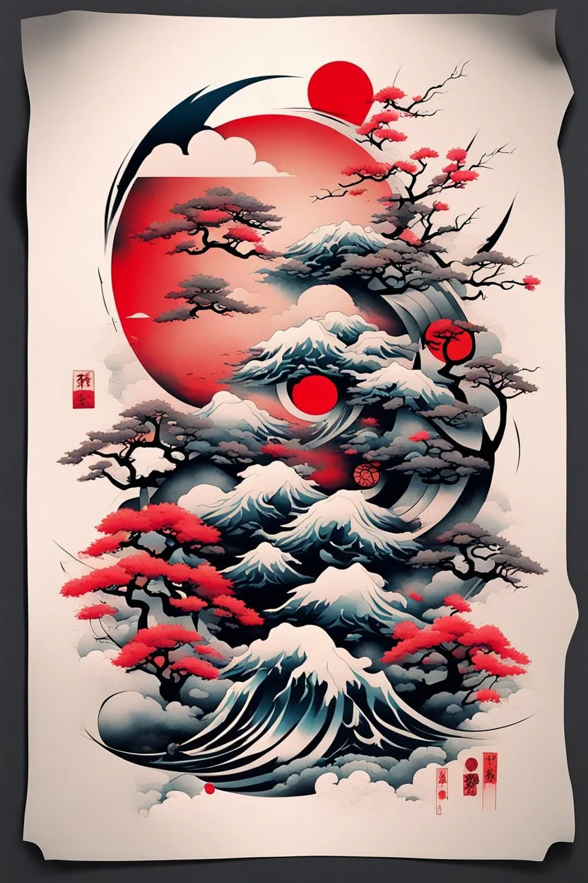 Create a captivating modern 2d colorfull ink Japanese tattoo design for print , using the elegant influences of japan art style, for print, dynamic elements from fashion and design, and bold Japanese art aesthetics, framing centered in the center, distanced from the edges of the paper perimeter, perfect anatomy, bauhaus, Divine Proportion,