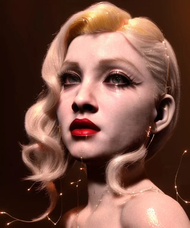 Young blonde Madonna, long line eye, pretty cyber woman, Led lights, cold ambient, latex, cables, purpurin, black, gold, piercings, brown, decorative color feathers, circuits, neon style, a lot of led lights, fog, rain, vibrant color, highly detailed, art stations, concept art, smooth, unreal engine 5, god rays, ray tracing, RTX, lumen lighting, ultra detail, volumetric lighting, 3d, finely drawn, high definition, high resolution.