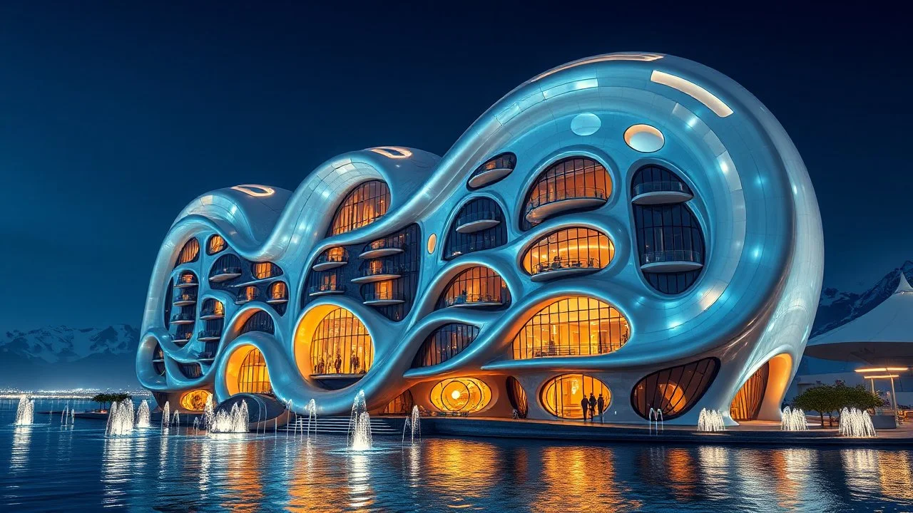 An enormous organic futuristic fantasy building at night, inspired by the fluidity of ocean waves, with undulating, curved walls made of shimmering, innovative semi-transparent opalescent materials. The happy building has large, curved, intriguing rounded windows, playful tentacles, curved balconies and suspended walkways. The building is surrounded by water and fountains, and there are snow-capped mountains on the horizon. Award-winning photograph, beautiful composition, joyful appearance