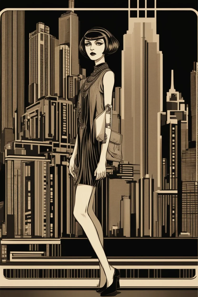 full body picture of a skinny woman with a bob, a fringe hairstyle, 1920s flapper clothing, futuristic city background