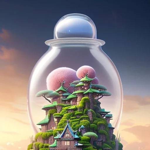 A studio ghibli characters in a jar floating, super high resolution, professional photograph, in focus, beautiful detail, professional digital art, stunning 4k, volumetric light, Award-winning photograph, photography, tokio background