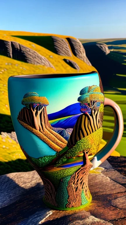 "A unique coffee cup with a stunning rendering of Sycamore Gap, showcasing its intricate details and vibrant colors."